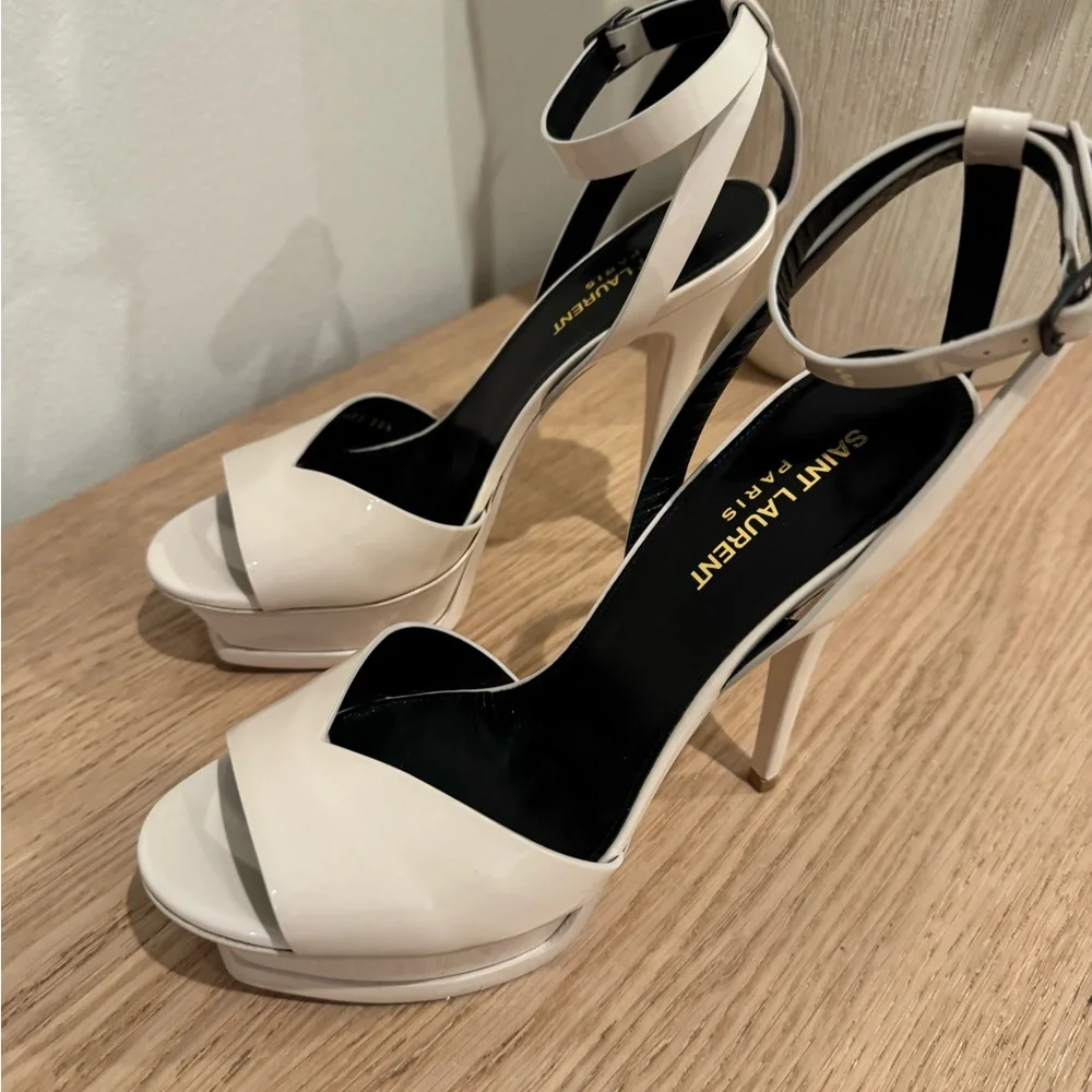 Saint Laurent Cream Patent Leather Platform Heels with Ankle Strap - Picture 8 of 16